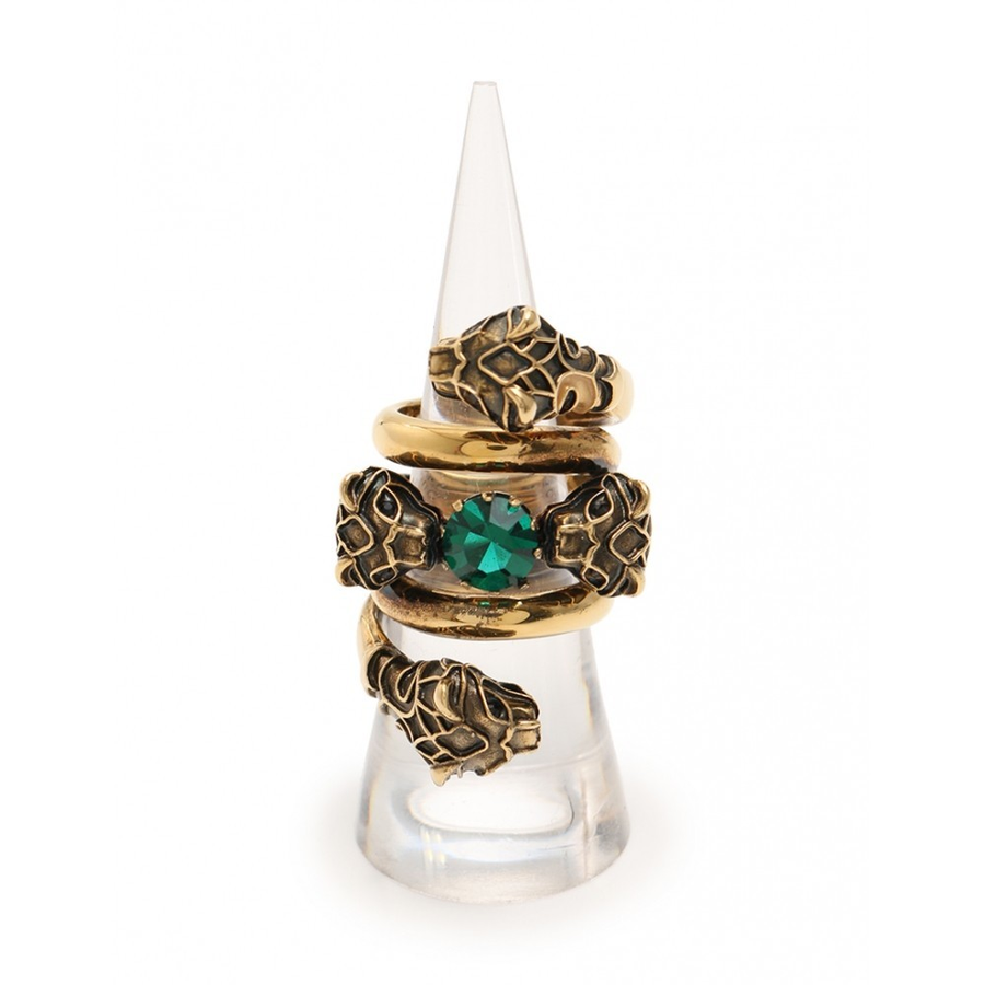 【中古】gucci 古驰 虎头缠绕双环戒指 水晶 金色 绿色(二手)(ab)